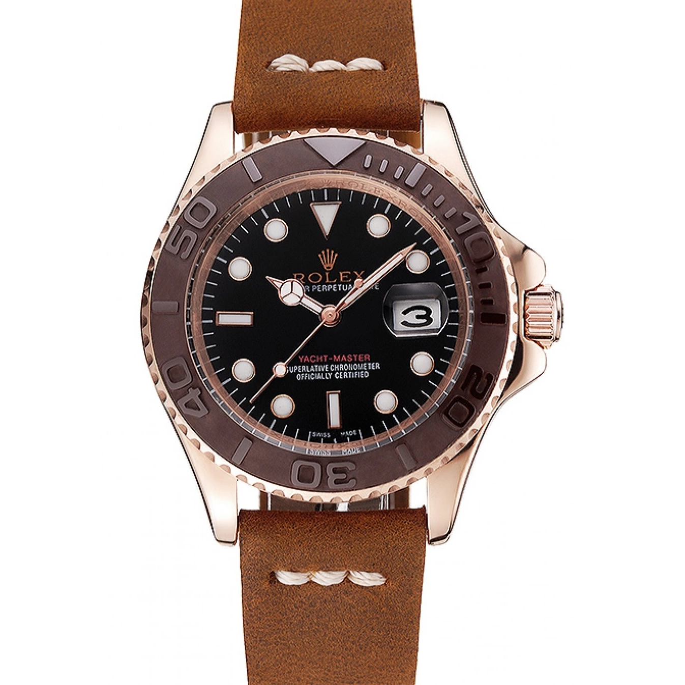 Aaa replica watch Dial 1453860 Bezel Rolex Leather Gold Brown Brown Black Case Yacht Rose Bracelet Master 0713